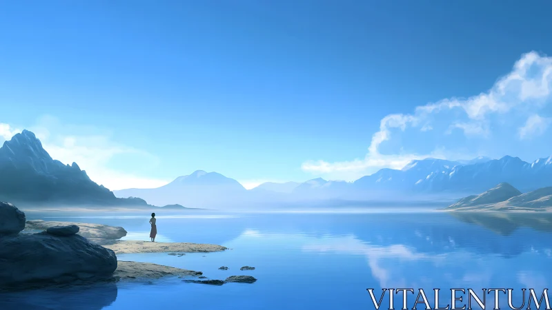 Solitary wanderer adrift in blue-glass mountain silence.