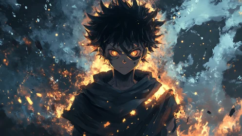 Ember-eyed wanderer forges calm in a storm of burning sky