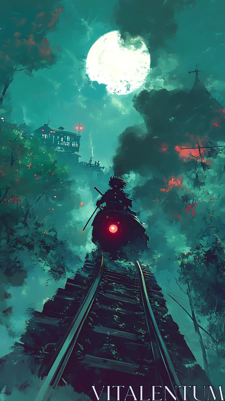 Steam train under full moon on forest hillside at night.