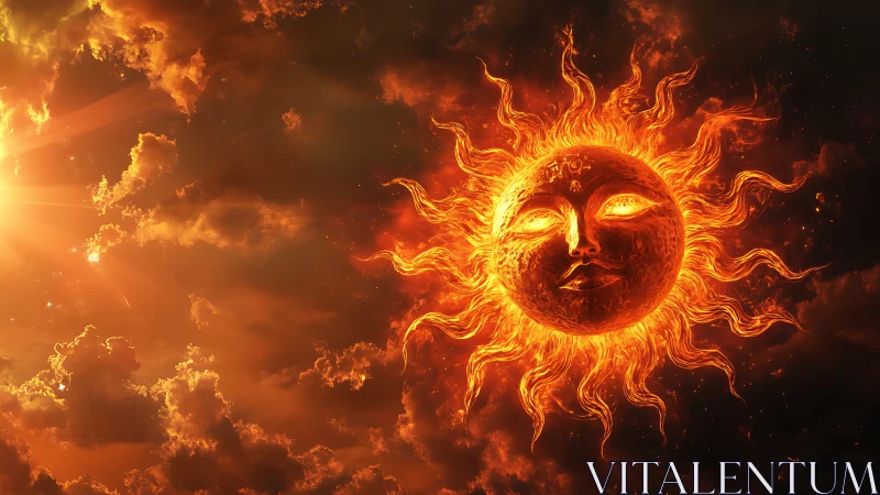 Solar deity awakening in ember-bright celestial clouds.