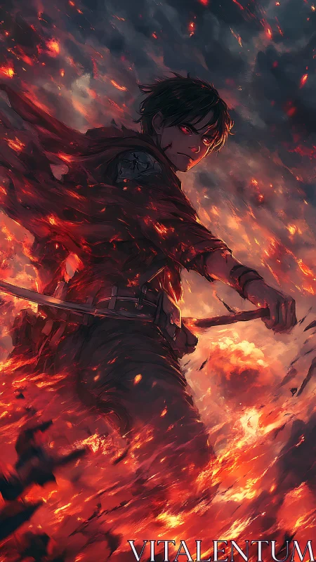 Sword-wielding warrior strides through rising battlefield fire.