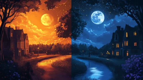 Dual neighborhood river scene in contrasting lunar light.