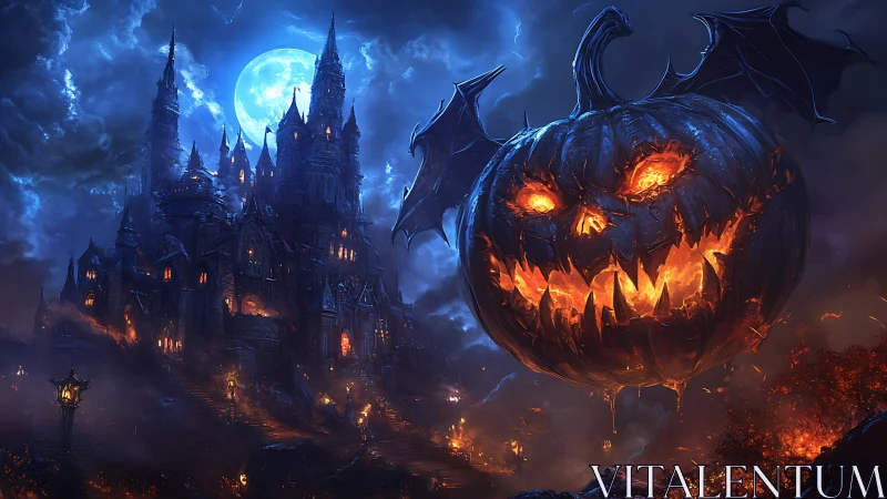 Fiery pumpkin specter hovers over a glowing haunted castle