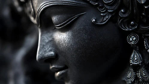 Serene metal goddess face bathed in gentle shadowed light.