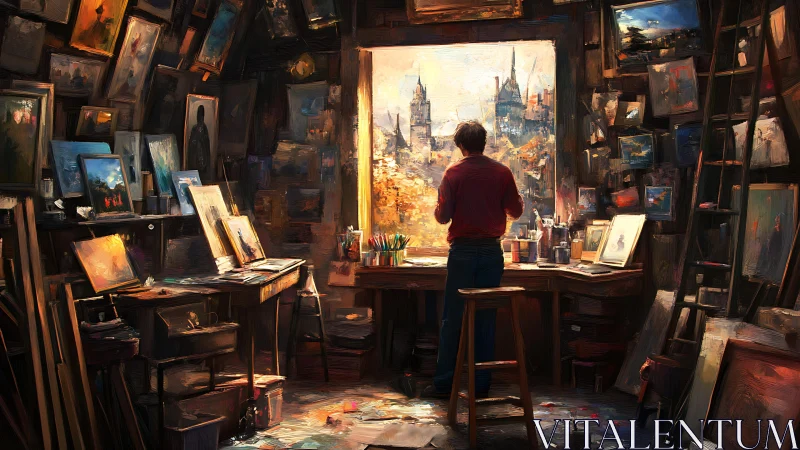 Painter in atmospheric studio interior with luminous city vista.