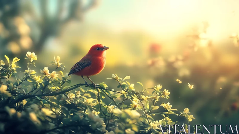 Vibrant red songbird on blooming branch, dreamy sunlit nature scene.