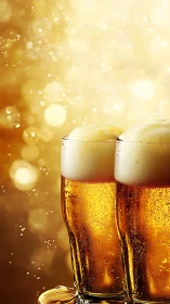 Two chilled beer glasses against golden bokeh background.