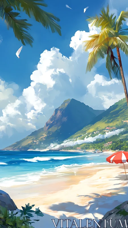 Paradise Found: Tropical Beach With Mountains and Palm Trees