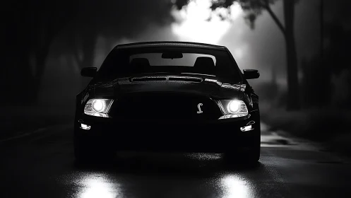 Muscle coupe headlights cutting through misty night road.