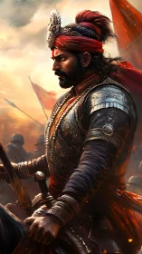 Armored warrior rides into battle under blazing sunset skies.