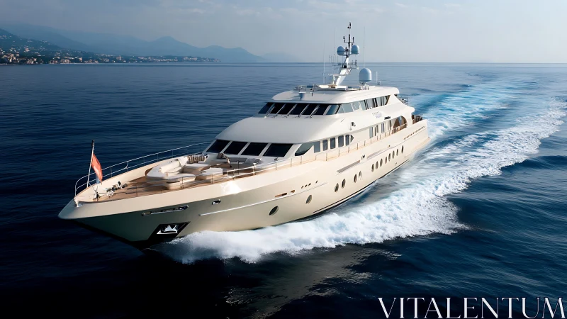 Luxury motor yacht cuts across calm open sea at speed