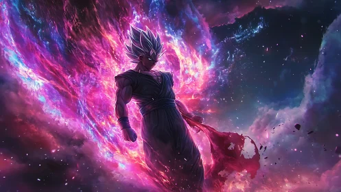 Stellar warrior ignites a cosmic nebula storm of power.