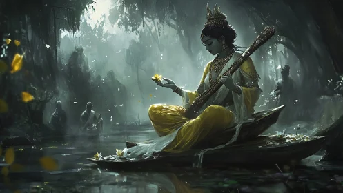Divine musician in misted forest lagoon with golden robes.