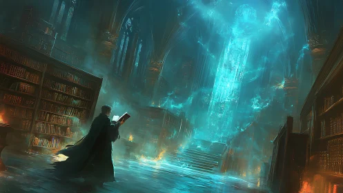 Arcane scholar confronts a radiant spectral portal in cathedral library