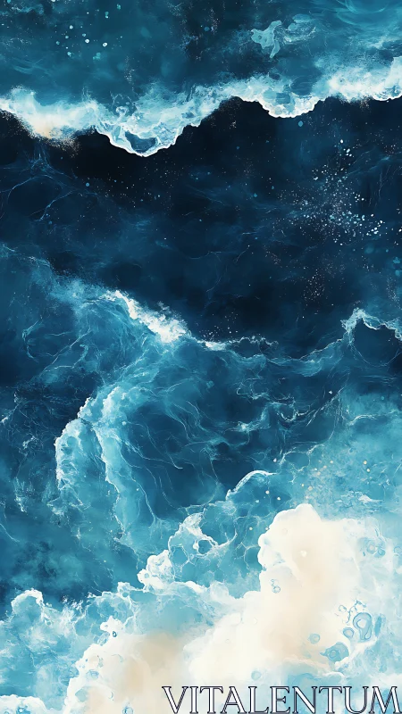 Abstract swirling ocean waves in deep blue and white tones.