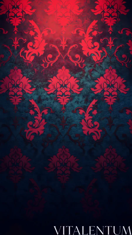 Radial-lit crimson damask over gradient teal ground.