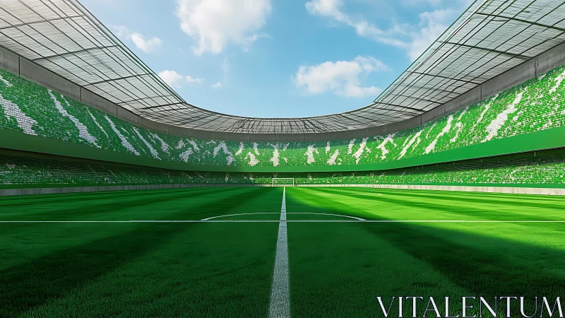 Wide-angle rendering of modern green football stadium interior