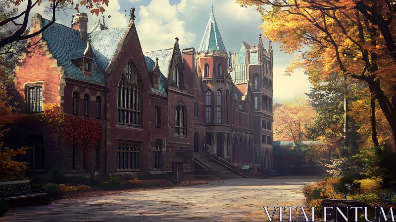 Neo-Gothic autumn manor rendered with cinematic digital lighting