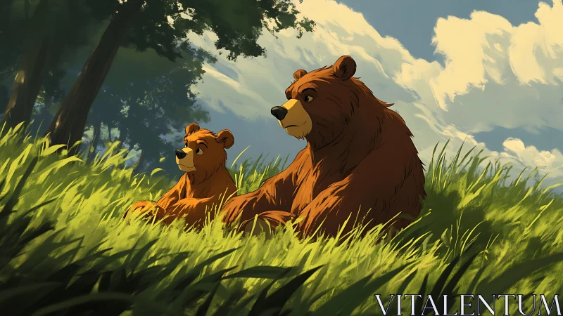 Digital painting of bear family resting in sunlit forest meadow.