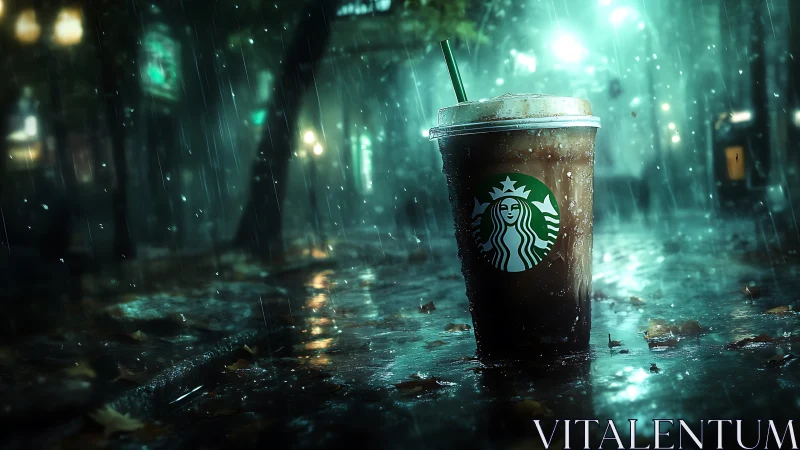 Rain-soaked iced coffee glowing on a cozy night street.