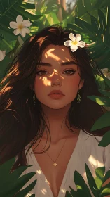 Sunlit jungle muse crowned in frangipani shadows. Period.