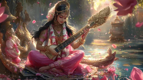 Ornate veena player amid lotus-filled waters and golden shrines.