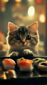 Tabby Cat with Alert Gaze Positioned Before Sushi Arrangement