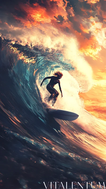 Surfer silhouettes against incendiary sunset wave crest