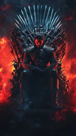 Dark warrior king broods on burning iron throne.