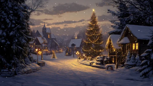 Digital painting of snowy village street with lit Christmas tree.