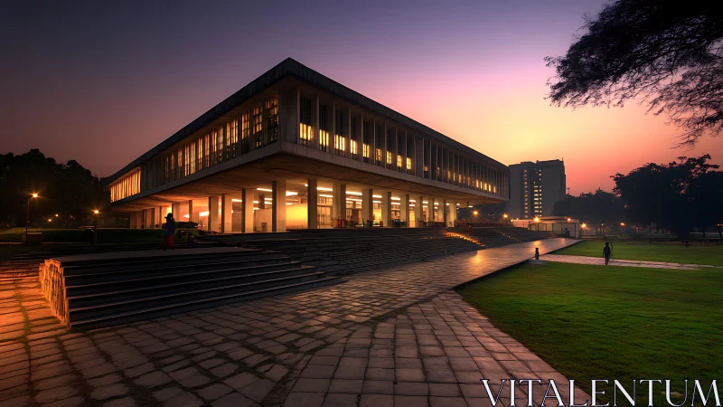 Modernist institutional library at dusk with warm interior lighting
