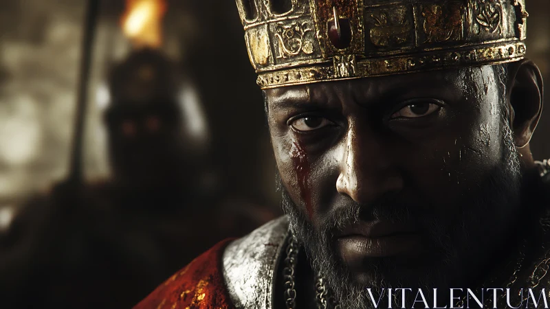 Battle-scarred king stares forward beneath heavy golden crown