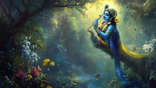 Mythic blue flutist in luminously rendered forest canopy.