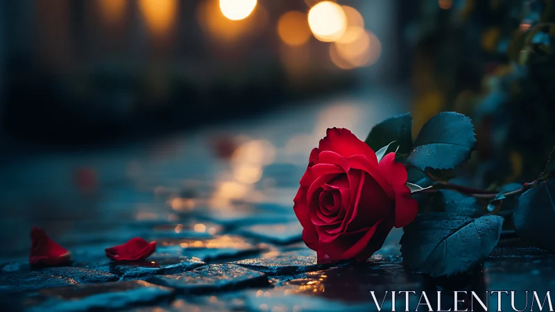 Single red rose on wet cobblestones at night street.