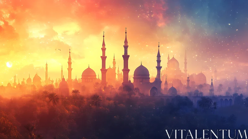 Dreamlit desert skyline where glowing towers greet dusk.