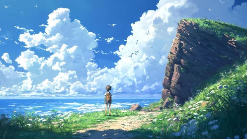 Solitary figure on grassy sea cliff under expansive clouds.