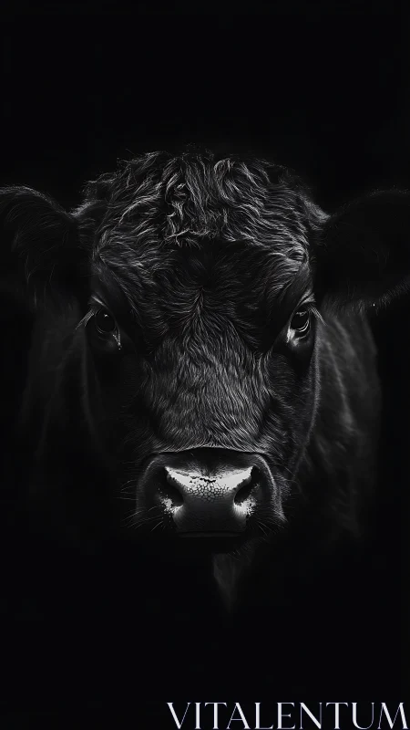Midnight cow portrait glows softly against deep black shadows