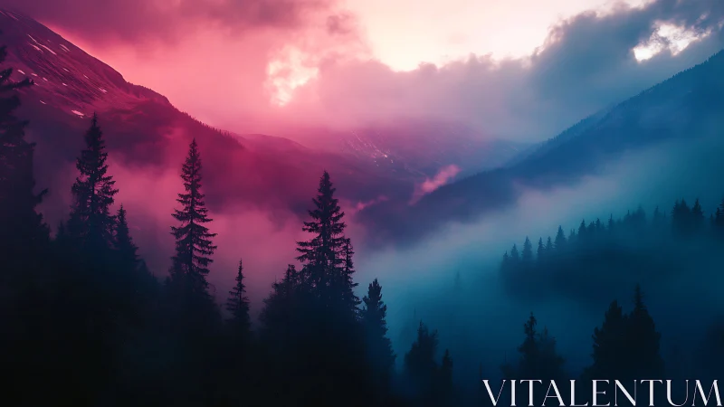 Color-graded alpine valley with volumetric fog and silhouetted conifers