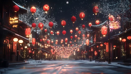 Snow covered street with red lanterns in traditional district.