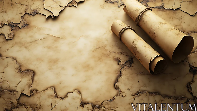 Aged parchment background with rolled scrolls, digital painting.