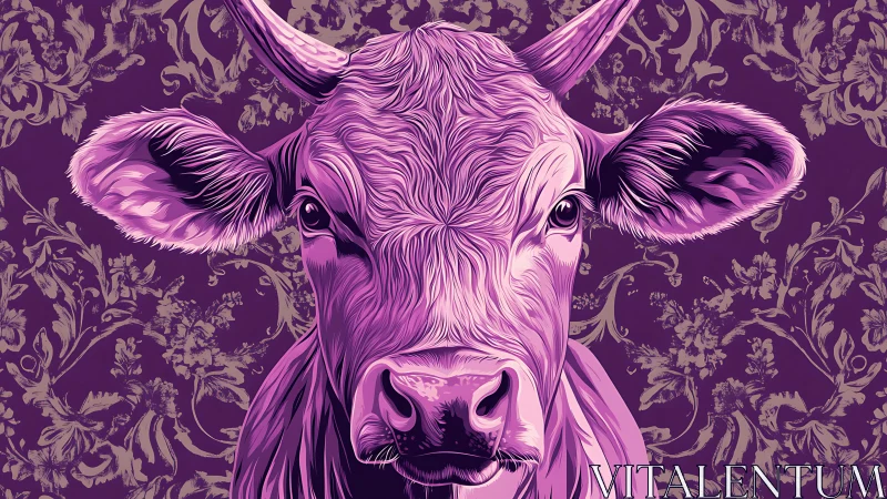 Vibrant magenta cow portrait rendered in detailed vector illustration