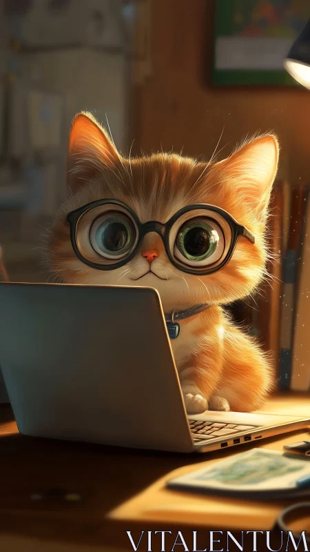 Orange tabby cat wearing eyeglasses positioned at desk.