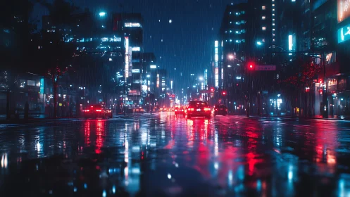 Neon lit city avenue in rain with reflective wet asphalt surface.
