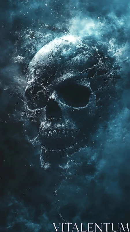 Glacial skull materializes from turbulent cyan vapor in void