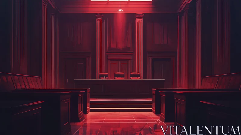 Red-lit neoclassical courtroom interior with empty benches