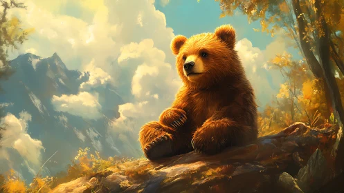 Brown bear cub sitting on a sunlit forest log outdoors.