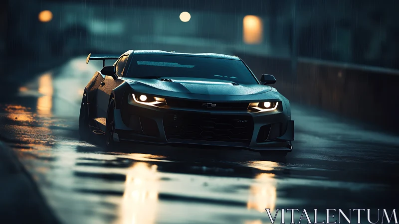 Wet asphalt night drive with matte black track-prepped Camaro