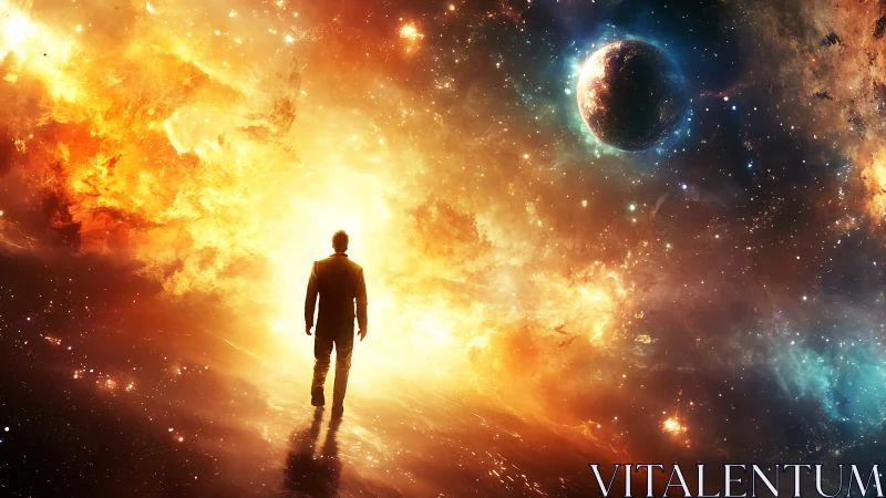 Silhouetted figure on reflective path beneath cosmic sky.