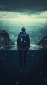 Solitary figure suspended in bifurcated teal seascape horizon.