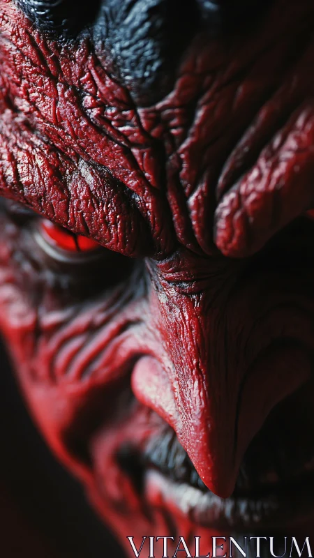 Demonic red face fills frame with extreme wrinkled detail
